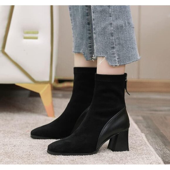 ⚡Women's Black Square Toe Ankle Boots Low Block Heel Chelsea Boots Back Zipper - Picture 2 of 6